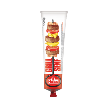 Haas Grillsenf, mittelscharf, 200g Produktbild, Vorderseite der Verpackung